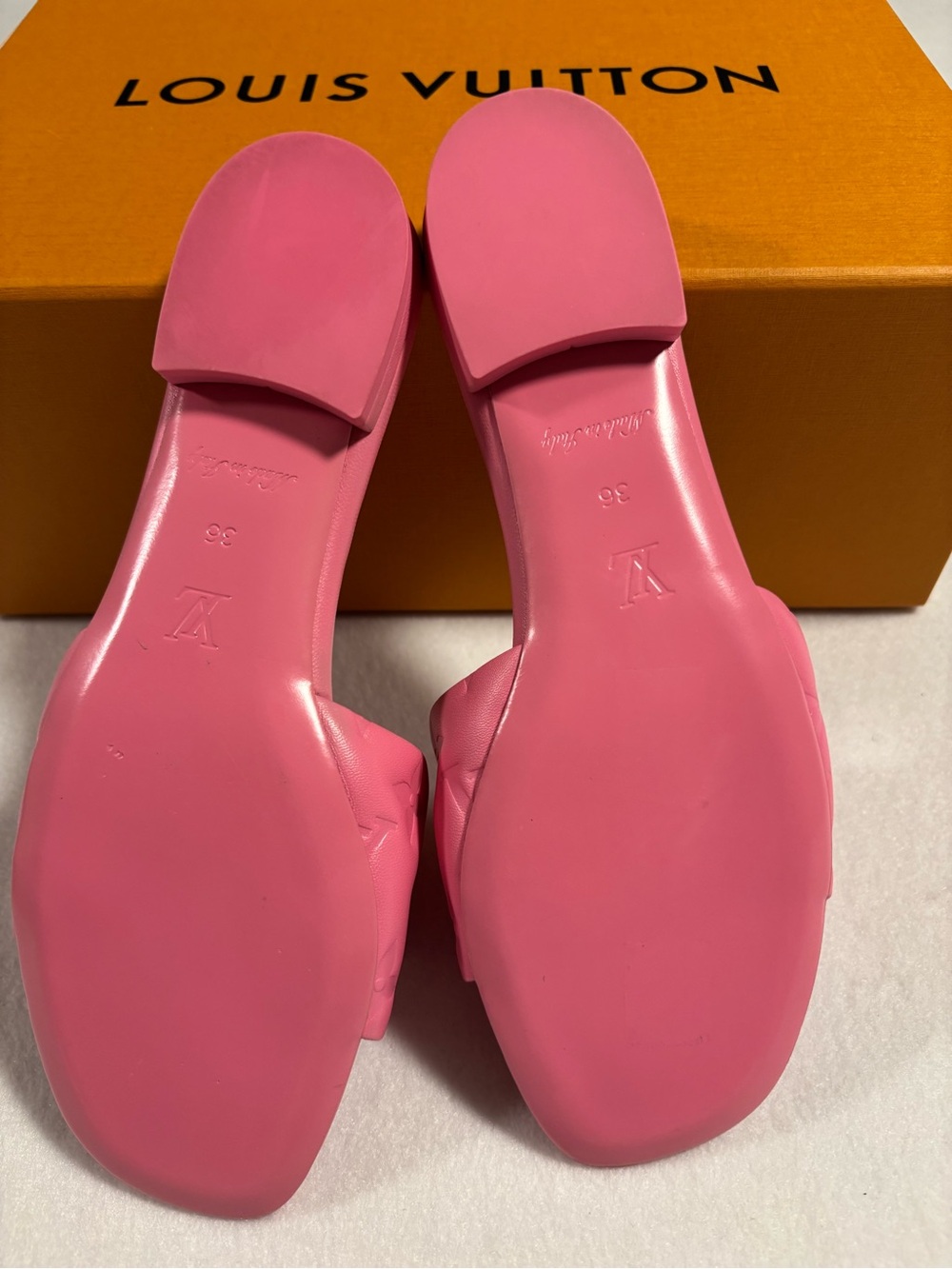 Louis Vuitton Revival Lambskin Leather Hot Pink Embossed Flat  Mule Sandals. - Picture 7 of 9